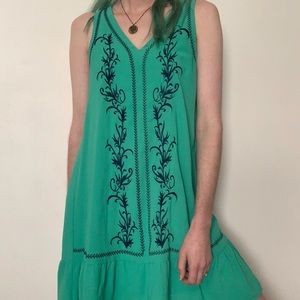 Teal Embroidered drop waist boutique dress